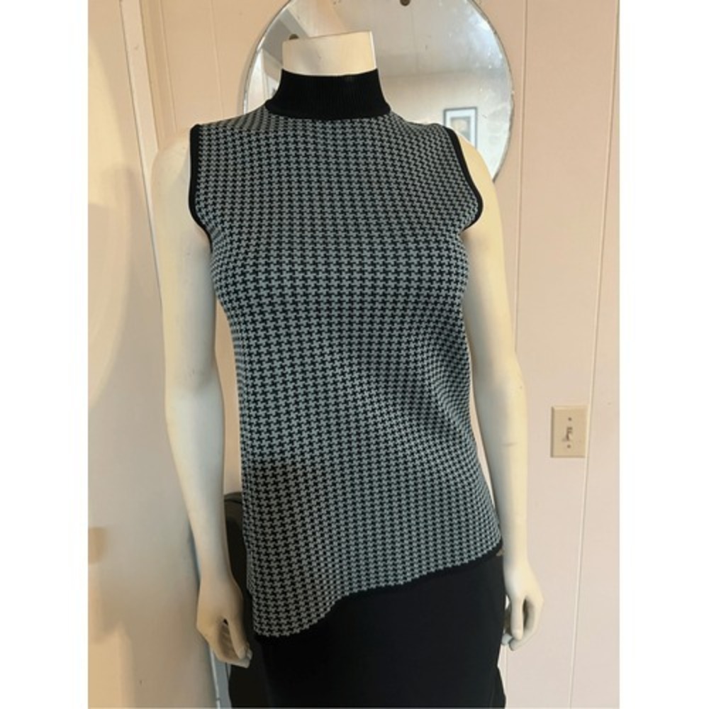 Exclusively Misook Dusty Blue & Black Herringbone Sleeveless Shell S